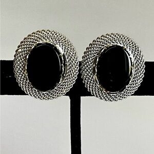 Vintage Black Glass Cabochon Clip Earrings Silver Rope Chain Textured 80s Retro